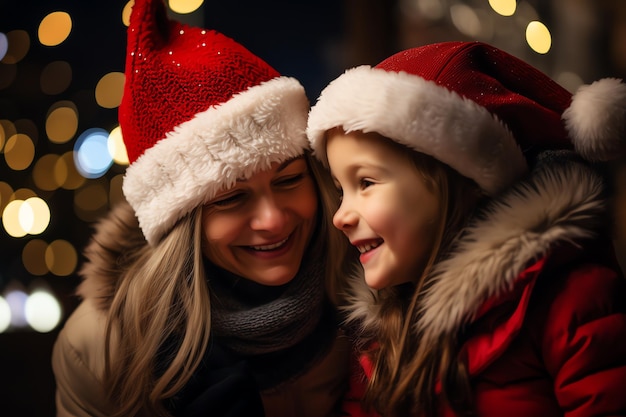 一緒にクリスマスを祝う母と娘はサンタクロースの帽子をかぶっています