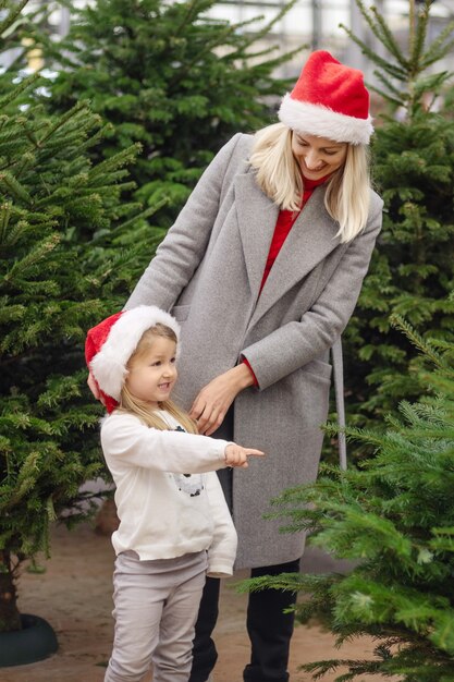 Mother and daughter choose a Christmas tree at a market.