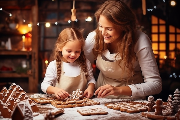 Mother and daughter cooking Christmas gingerbread cookies Festive family baking on kitchen