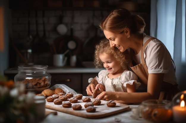 мать и дочь готовят на кухне с подносом печенья и банкой печенья