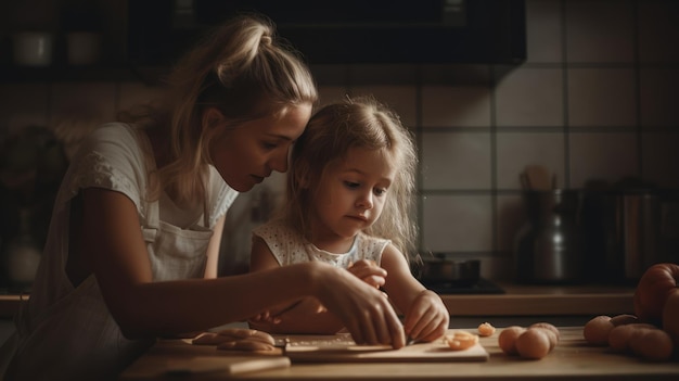 A mother and daughter cooking in the kitchen