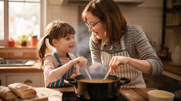 Mother and daughter cooking at the kitchen