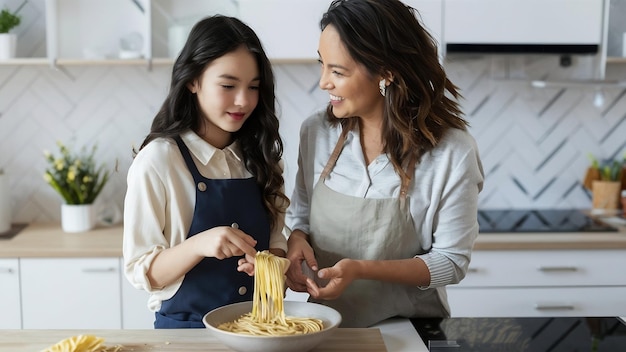 Mother and daughter cooking pasta