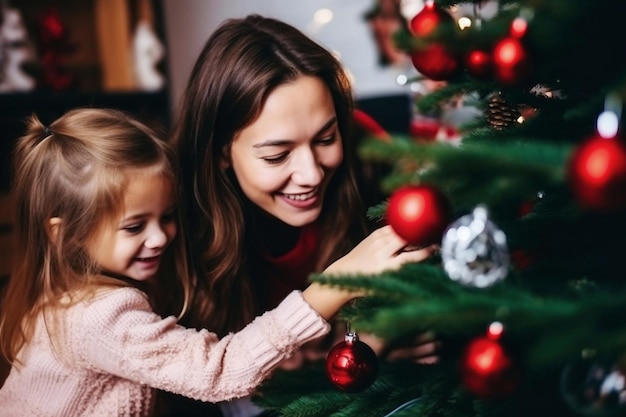 A mother and daughter decorating a christmas tree