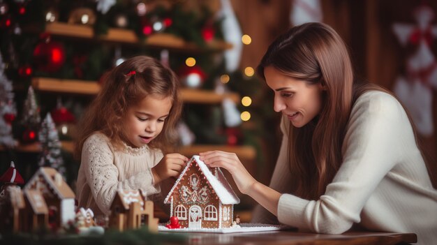 Mother and daughter decorating gingerbread house at christmas time