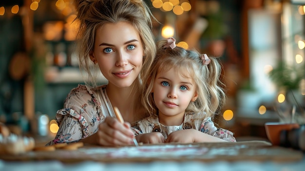 mother and daughter doing arts and crafts at home