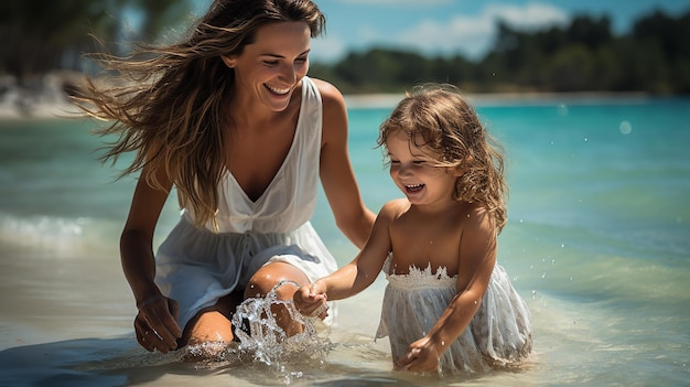 Photo mother and daughter dressed in all white having fun together while playing in the water on a stretch
