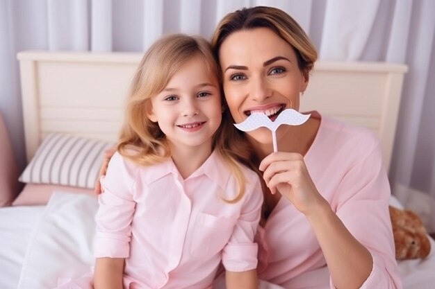 Photo mother and daughter eating ice cream on a bed