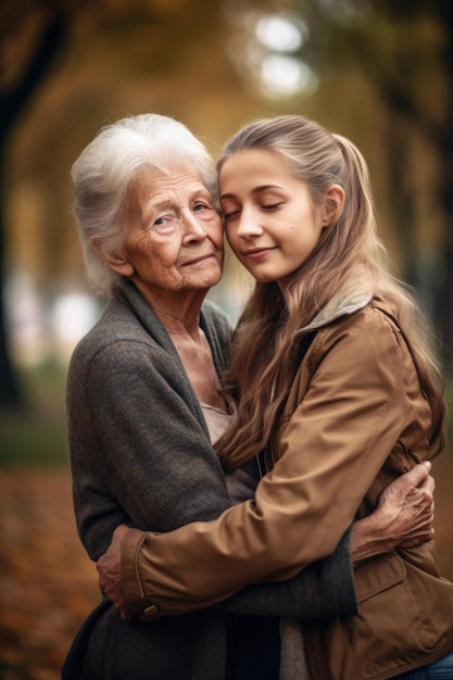 A mother and daughter embracing in a park created with generative ai