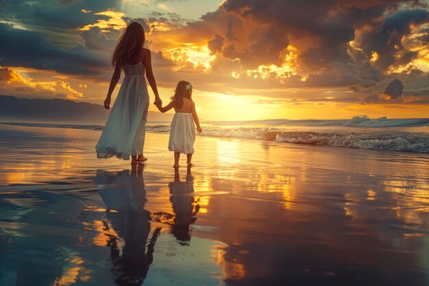 Mother and Daughter Embracing Serenity Beachside Sunset Stroll