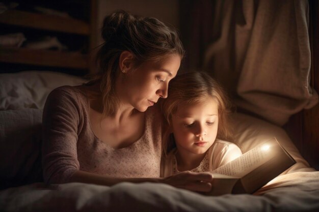 Mother and daughter enjoying bedtime story together