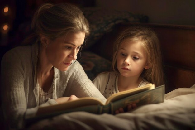 Mother and daughter enjoying bedtime story together