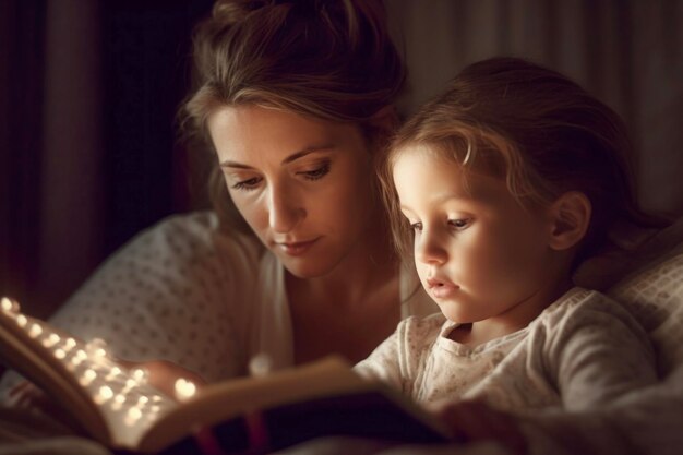 Mother and daughter enjoying bedtime story together