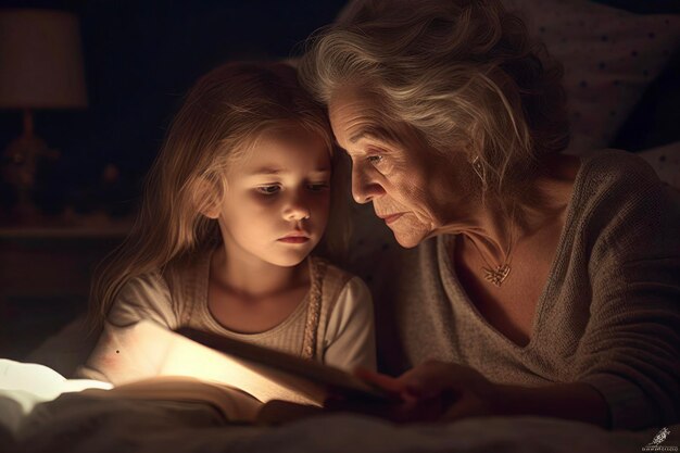 Photo mother and daughter enjoying bedtime story together