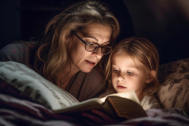 Mother and daughter enjoying bedtime story together