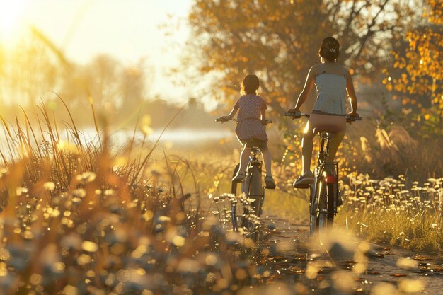 一緒に自転車に乗る母と娘