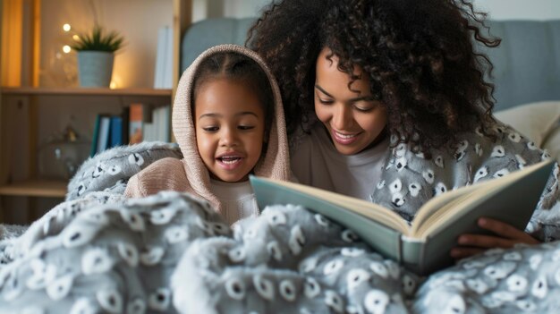 Mother and daughter enjoying a book together wrapped in a cozy blanket Indoor leisure activity