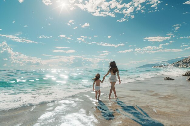 Mother and daughter enjoying a day at the beach oc