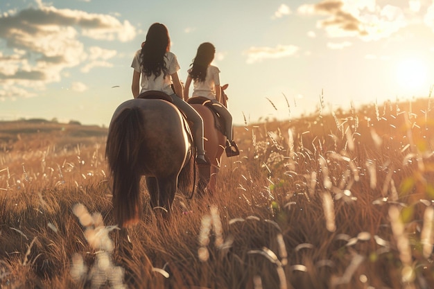 Mother and daughter enjoying a day of horseback ri