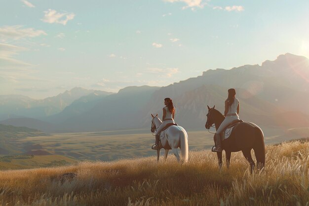 Mother and daughter enjoying a day of horseback ri