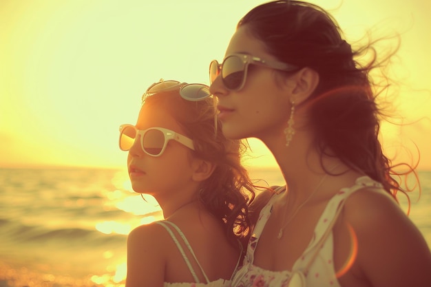 Mother and Daughter Enjoying Sunset at Beach with AI generated