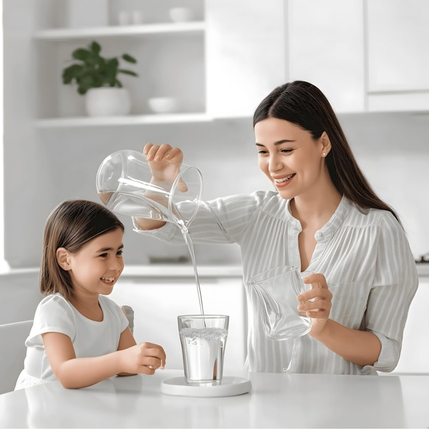 Mother and Daughter Enjoying Time Together Pouring Water in Kitchen