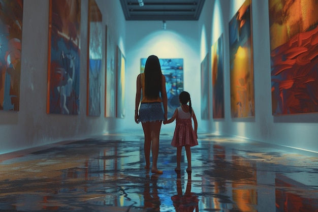 Mother and daughter exploring a local art gallery