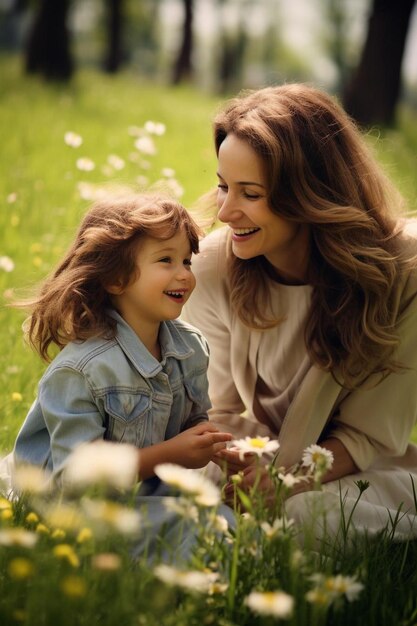 Photo a mother and daughter in a field of daisies