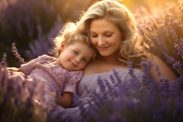 A mother and daughter in a field of lavender