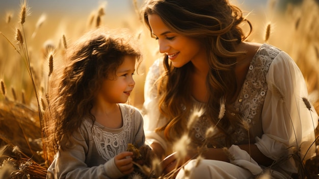 Mother and daughter on a field loving moment