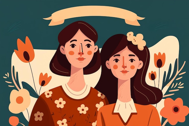 Mother and daughter on a floral background illustration for mother's day Generative ai