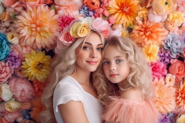 花冠をかぶった母と娘
