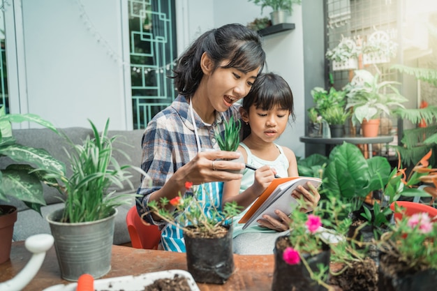 Mother and daughter gardening and studying 