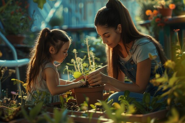 Foto madre e figlia in giardino insieme