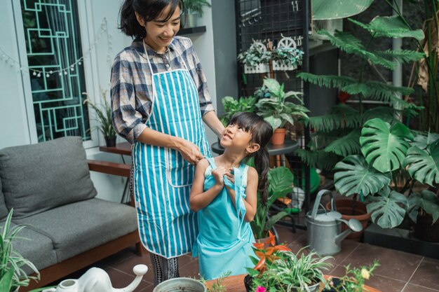 Mother and daughter gardening