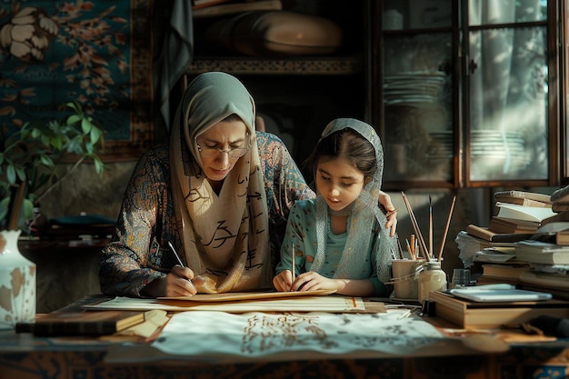 Foto madre e figlia che passano una giornata alla calligrafia