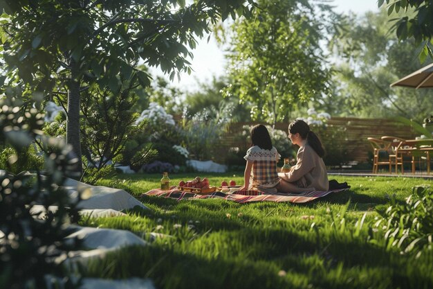 Photo mother and daughter having a picnic in their backy