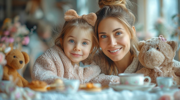 mother and daughter having a tea party with stuffed animals