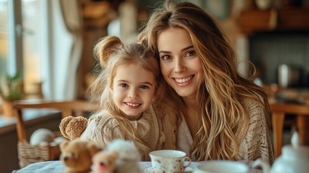 mother and daughter having a tea party with stuffed animals