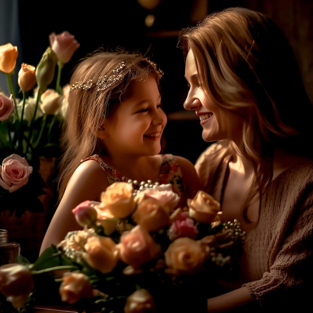 Mother and daughter holding a bunch of flowers