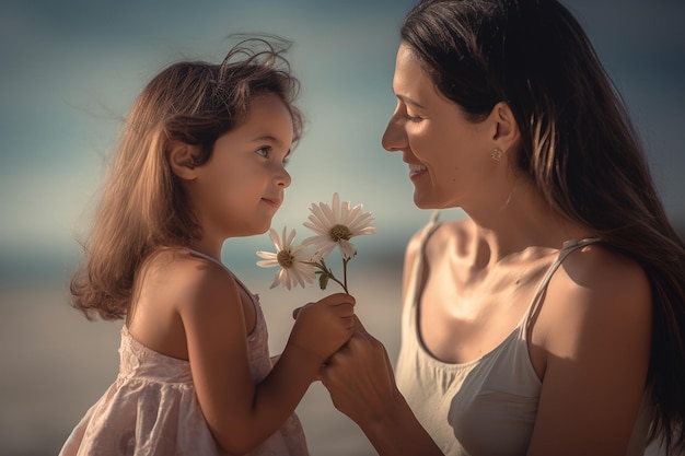 A mother and daughter holding flowers on a beach