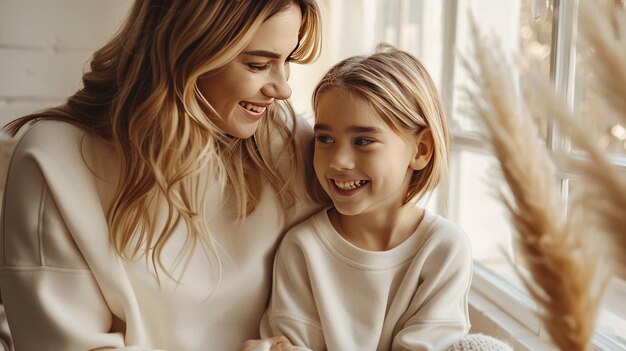 Photo mother and daughter at home