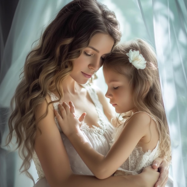 Photo a mother and daughter hug in front of a window