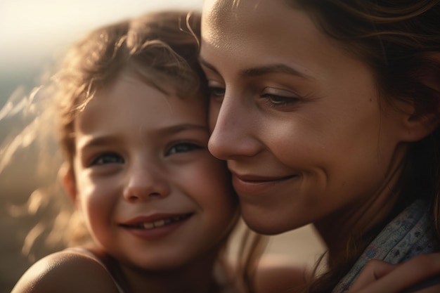 A mother and daughter hug and smile at the camera