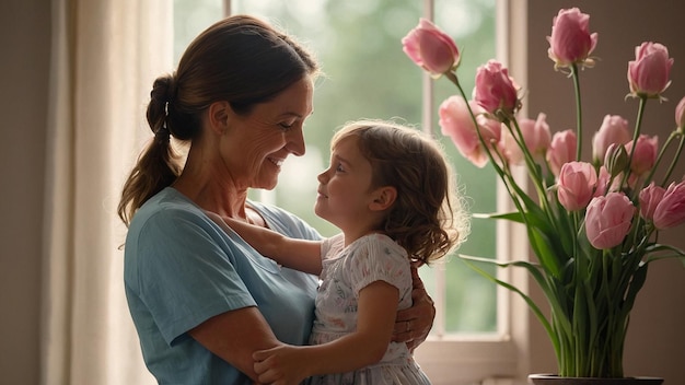 Foto una madre e una figlia si abbracciano e sorridono davanti a una finestra