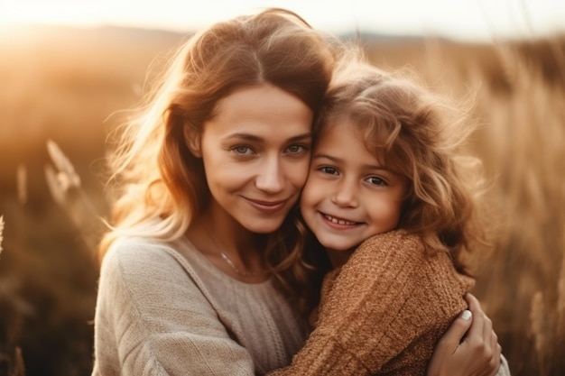 A mother and daughter hug in the sunset