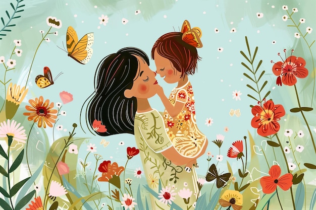 Mother and Daughter Hugging on Floral Background with Butterflies Mothers Day Illustration