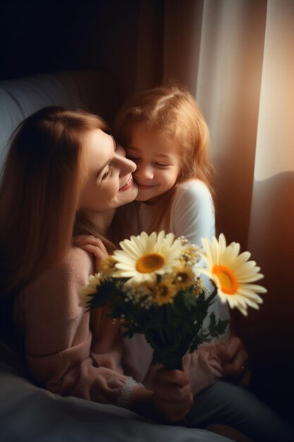 A mother and daughter hugging and hugging with a bouquet of daisies.