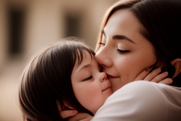 A mother and daughter hugging and kissing