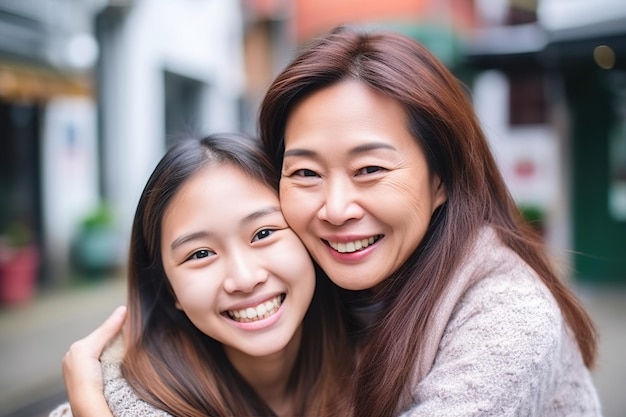 A mother and daughter hugging and smiling